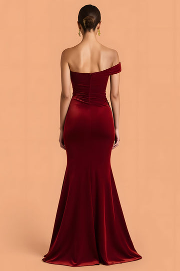Burgundy Mermaid One Shoulder Velvet Ruched Long Bridesmaid Dress